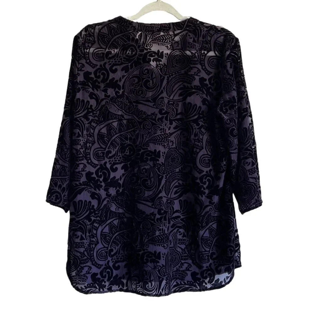 Chicos Womens Velvet Burnout Tunic Top Chicos Size 2 (L) Black Purple VNeck - Picture 4 of 6